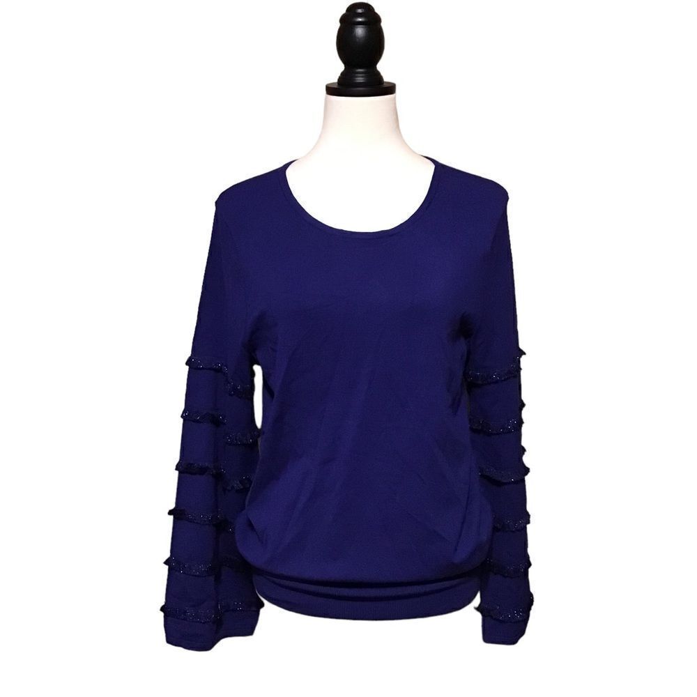 Alfani Blue Fringe Sleeve Knit Top Sz L‎